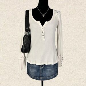 Women's White Embroidered Long Sleeve Waffle Knit Top